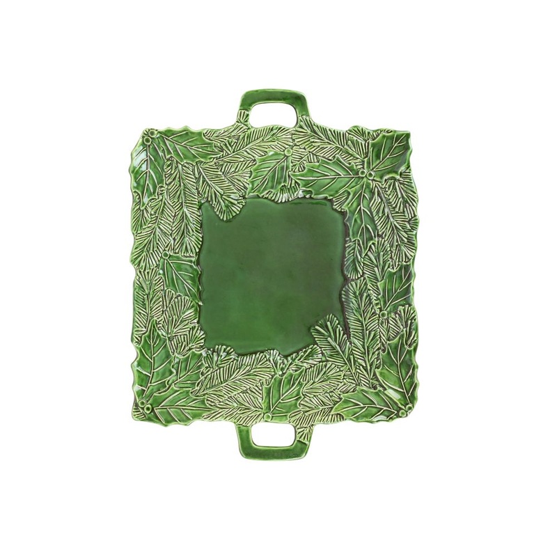 Vietri Lastra Holiday Green Figural Handled Square Platter, Artisan Ceramic Christmas Dish, 17.5
