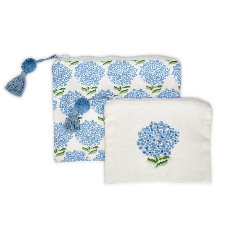 Set Of 2 Hydrangea Multipurpose Pouch w/ Lining & Pom Pom Zipper Pull – Cotton.