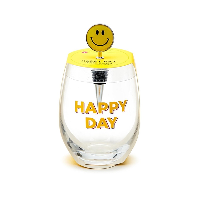 Two’s Company Happy Day Stemless Wine Glass with Smile Face Wine Stopper