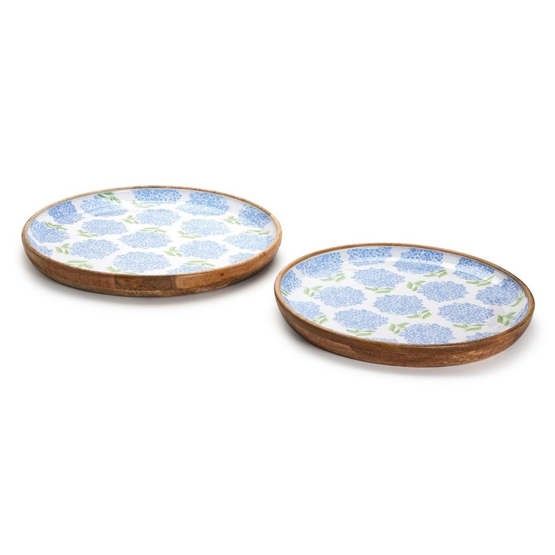 Two’s Company Hydrangea Set Of 2 Hand-Crafted Wood Round Tray