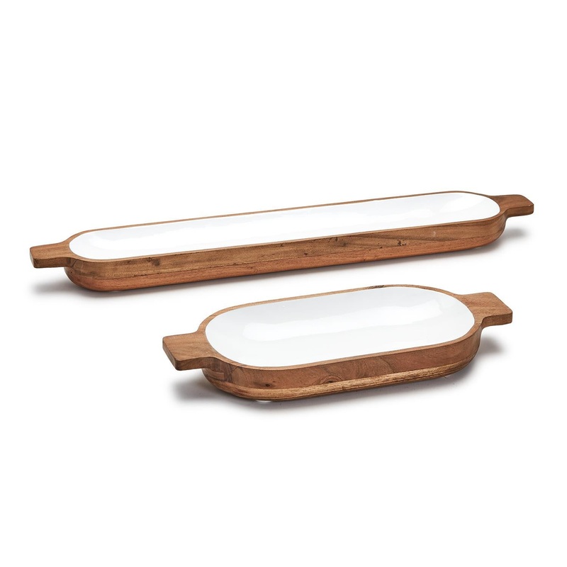 Two’s Set Of 2 Hand-Crafted Oblong Tray / Platter with Handles & White Enamel