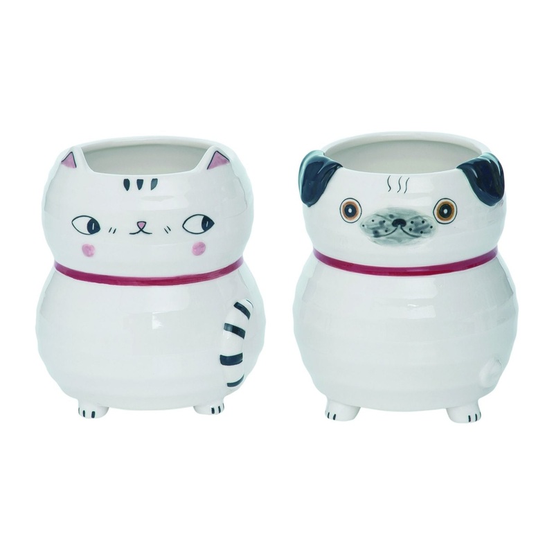 Transpac Ceramic Tiny Happy Standing Kitty/Dog Planter, Set Of 2, Assortment