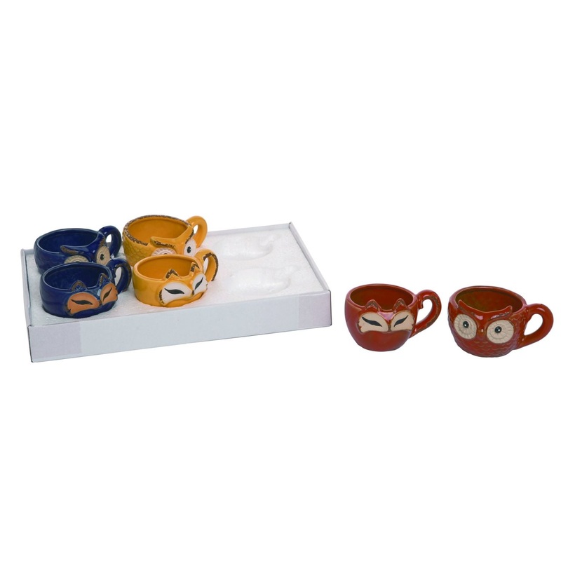 Transpac Ceramic Woodland Owl/Fox Planters, Set Of 6