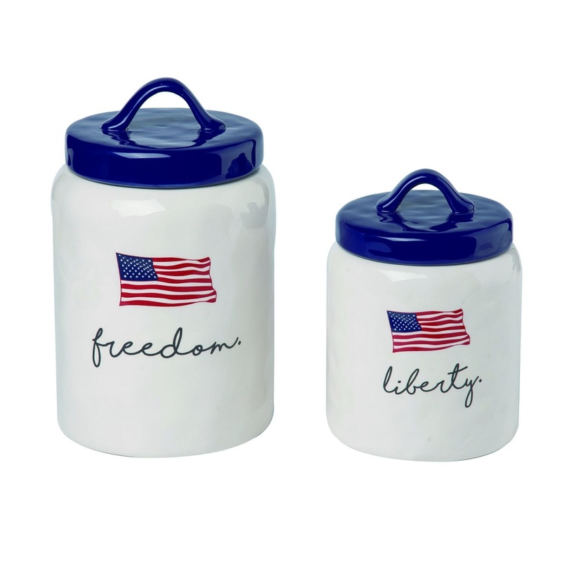 Transpac Dolomite American Flag Sentiment Canister, Set Of 2