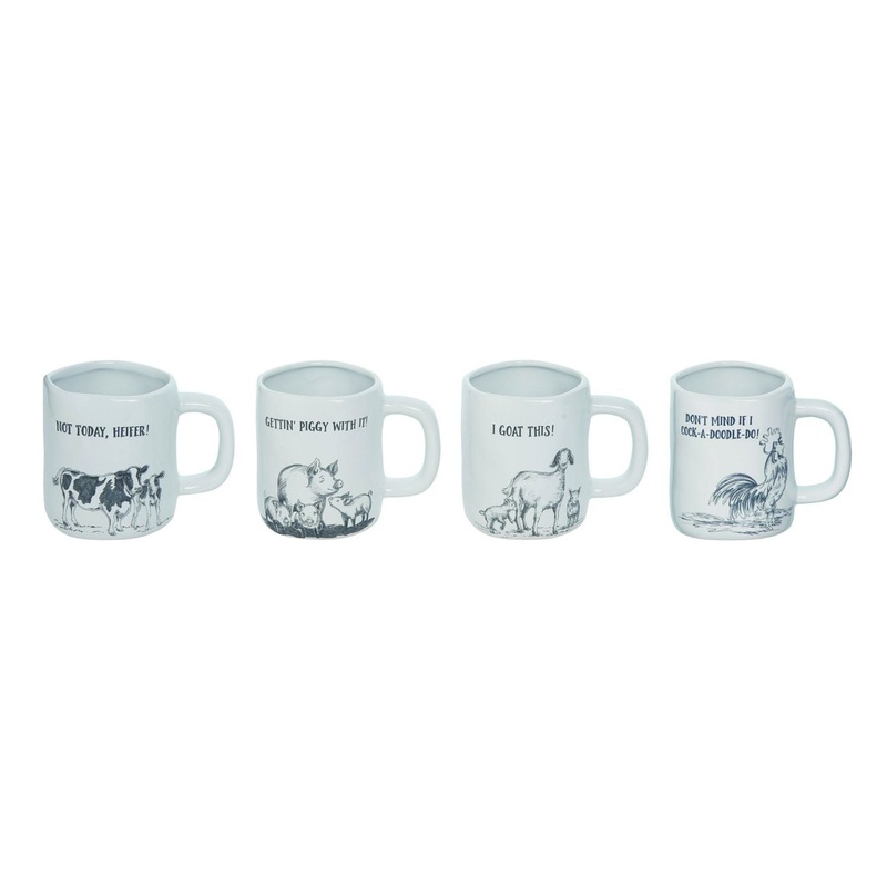 Transpac Dolomite Farm Sketch Mug, Set Of 4, Assortment