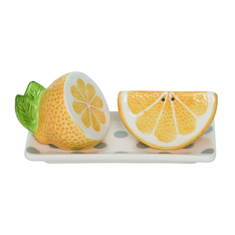 Transpac Dolomite Lemon Salt & Pepper Shakers With Tray Set