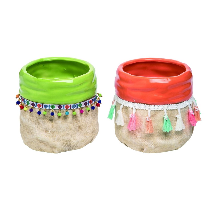 Transpac Large Dolomite Pom Pom Bag Planter, Set Of 2, Assortment