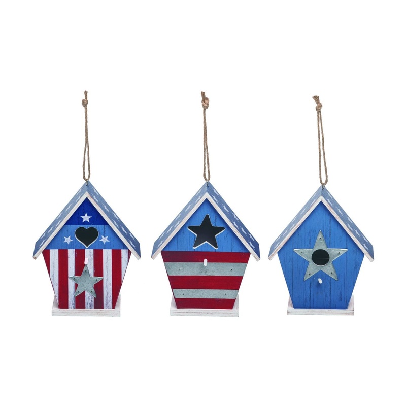 Transpac MDF Patriotic Bird House, Set Of 3, Assortment