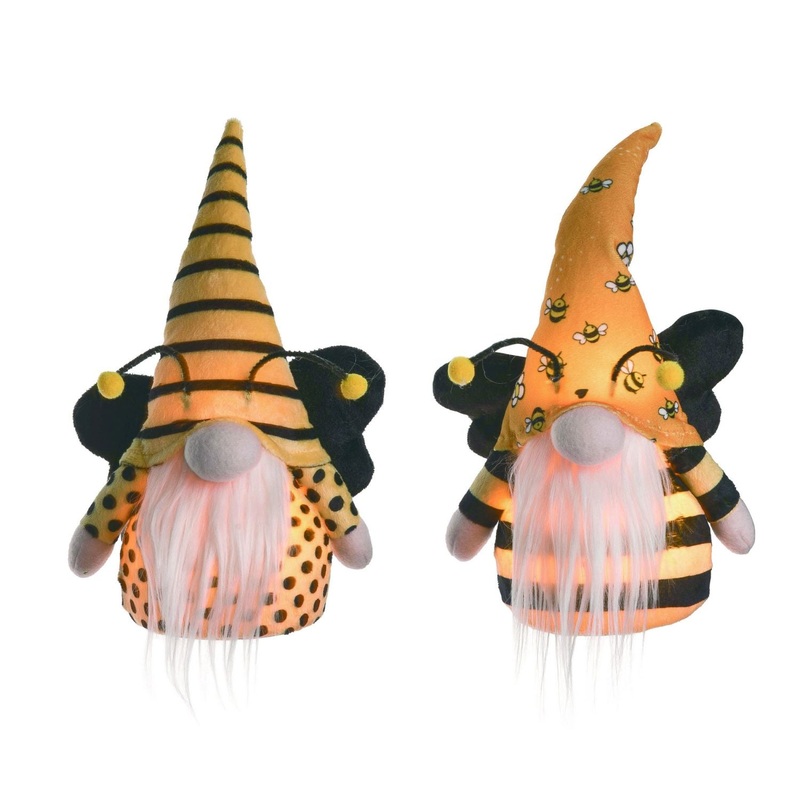 Transpac Plush Light Up Bee Gnome Decor, Set Of 2, Assortment