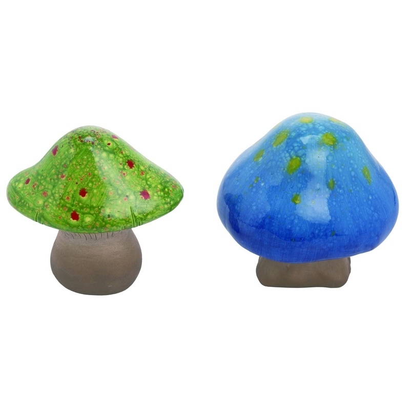 Transpac Small Terra Cotta Glazed Green/Blue Mushroom, Set Of 2, Assortment
