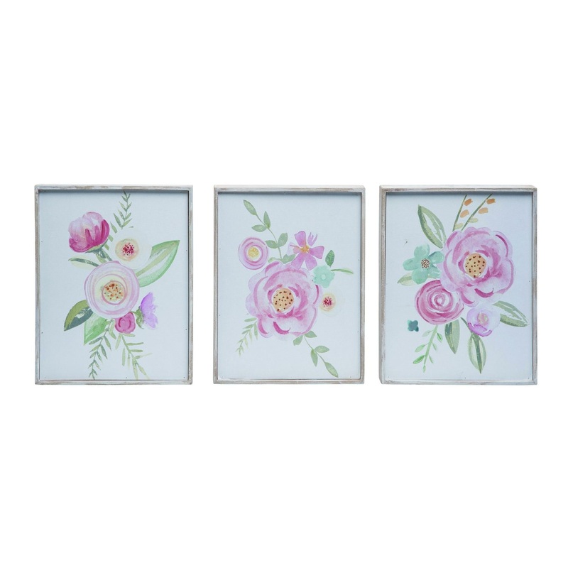 Transpac Wood/MDF Watercolor Spring Canvas, Set Of 3, Assortment