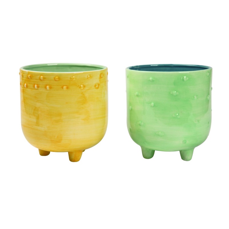 Large Dolomite Footed Patterned Planter With Drainage Hole, Set Of 2, Asst.