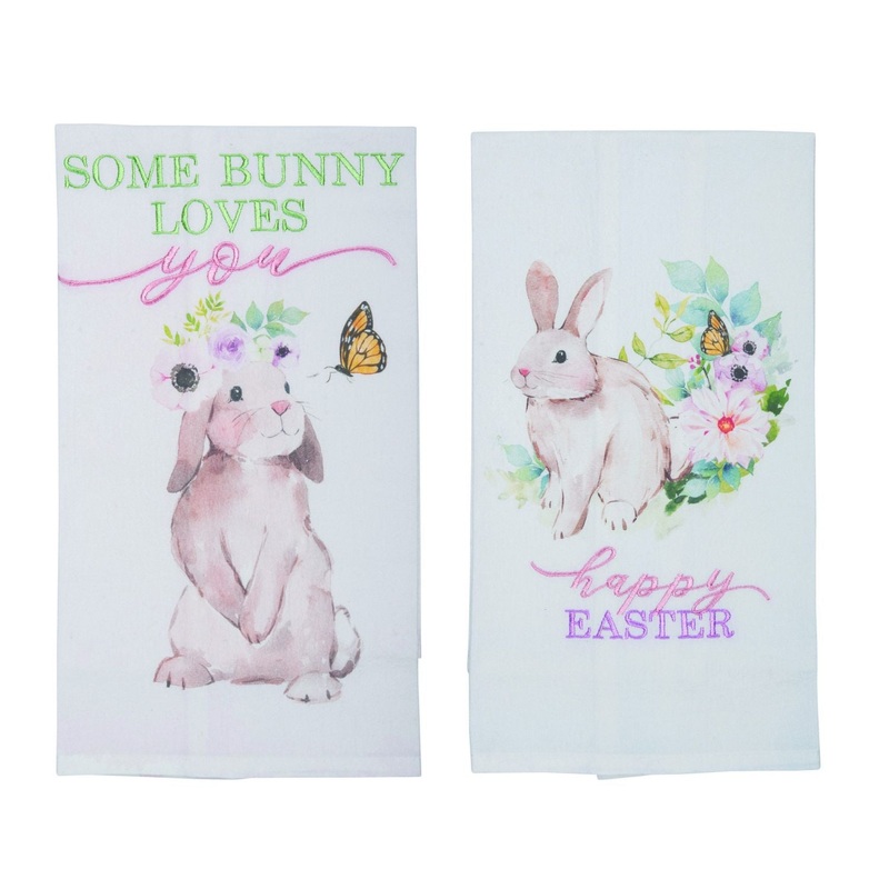 Transpac Embroidered Cotton Spring Bunny Tea Towel, Set Of 2, Assortment