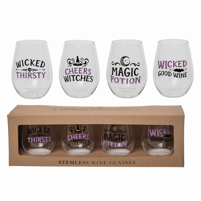 Transpac Glass 18Oz Witchy Stemless Wine Glasses, Set Of 4