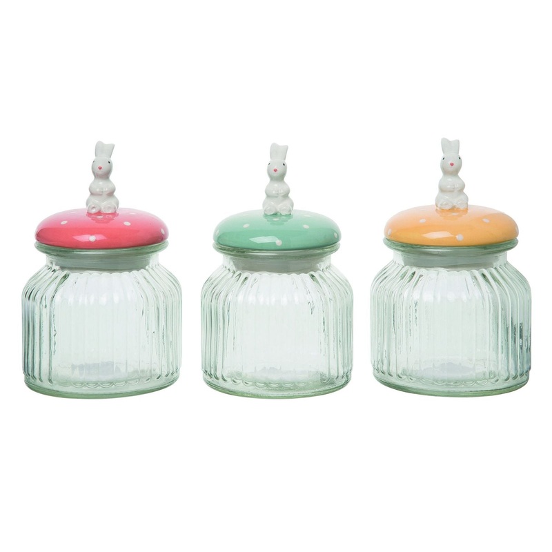 Transpac Glass/Dolomite Bunny Candy Jar, Set Of 3, Assortment