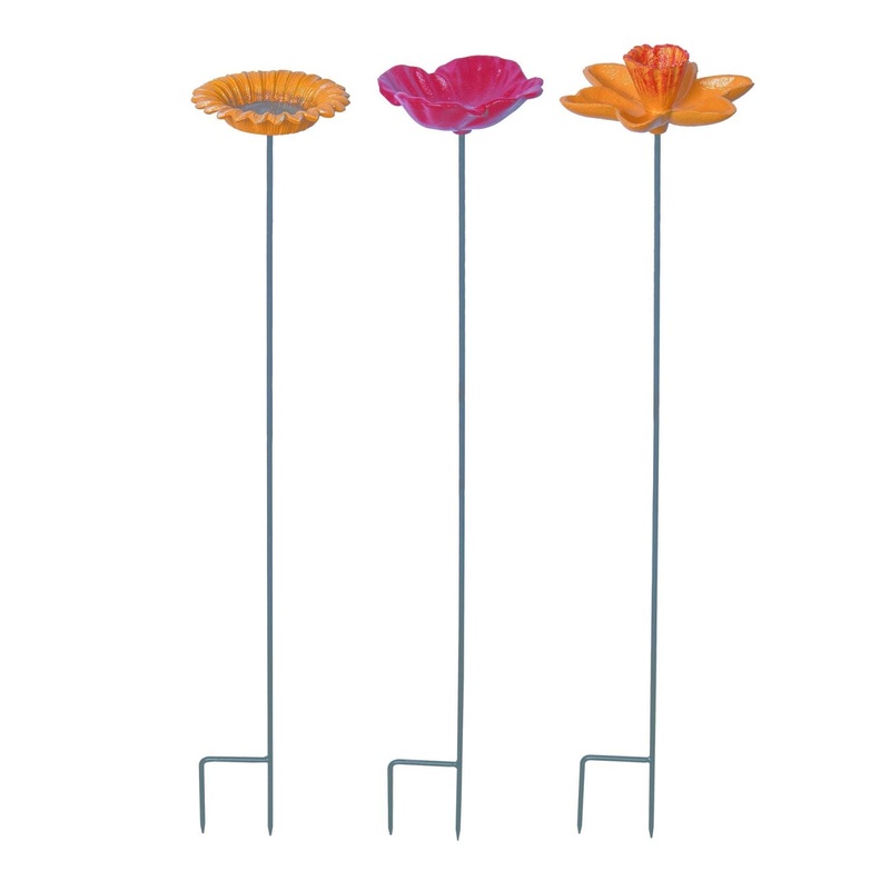 Transpac Iron Flower Bird Feeder Yard Stake, Set Of 3, Assortment