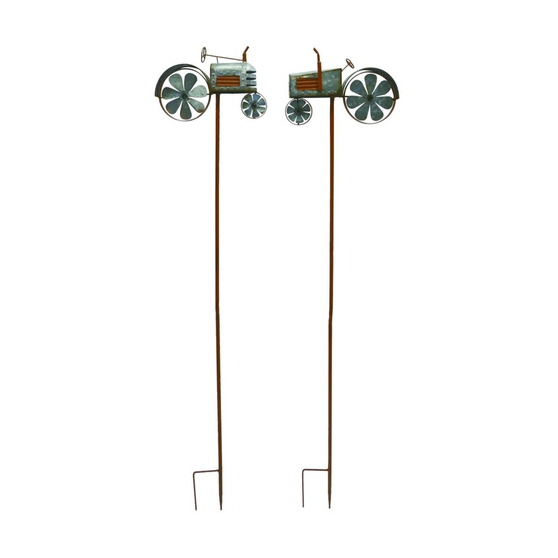 Transpac Metal Rustic Tractor Yard Stake KD, Set Of 2, Assortment