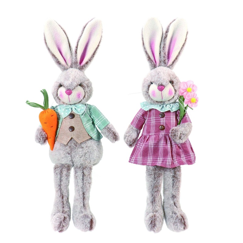 Transpac Plush Plaid Dangling Feet Rabbit, Set Of 2, Assortment