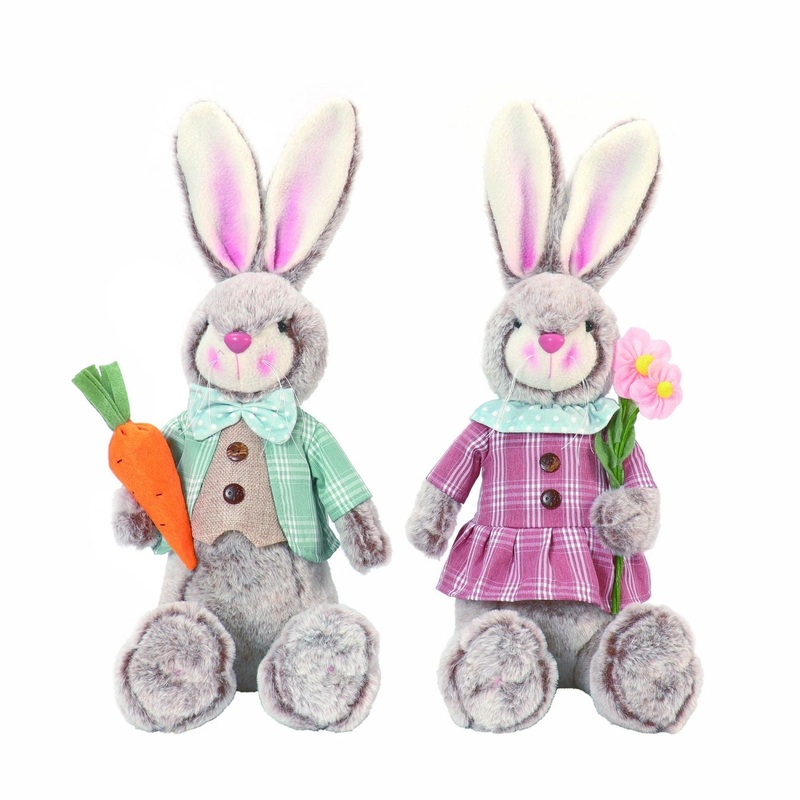 Transpac Plush Plaid Sitting Rabbit, Set Of 2, Assortment