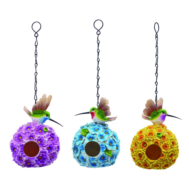 Transpac Resin Floral Hummingbird Bird House, Set Of 3, Assortment