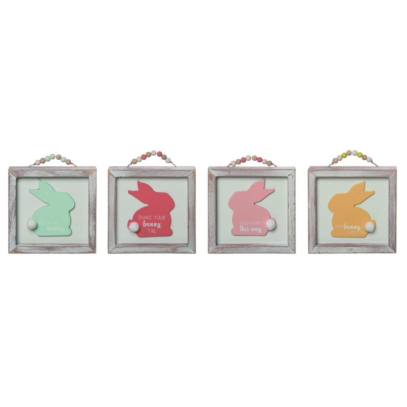 Transpac Wood Framed Pom-Pom Bunny With Beaded Handle, Set Of 4, Assortment
