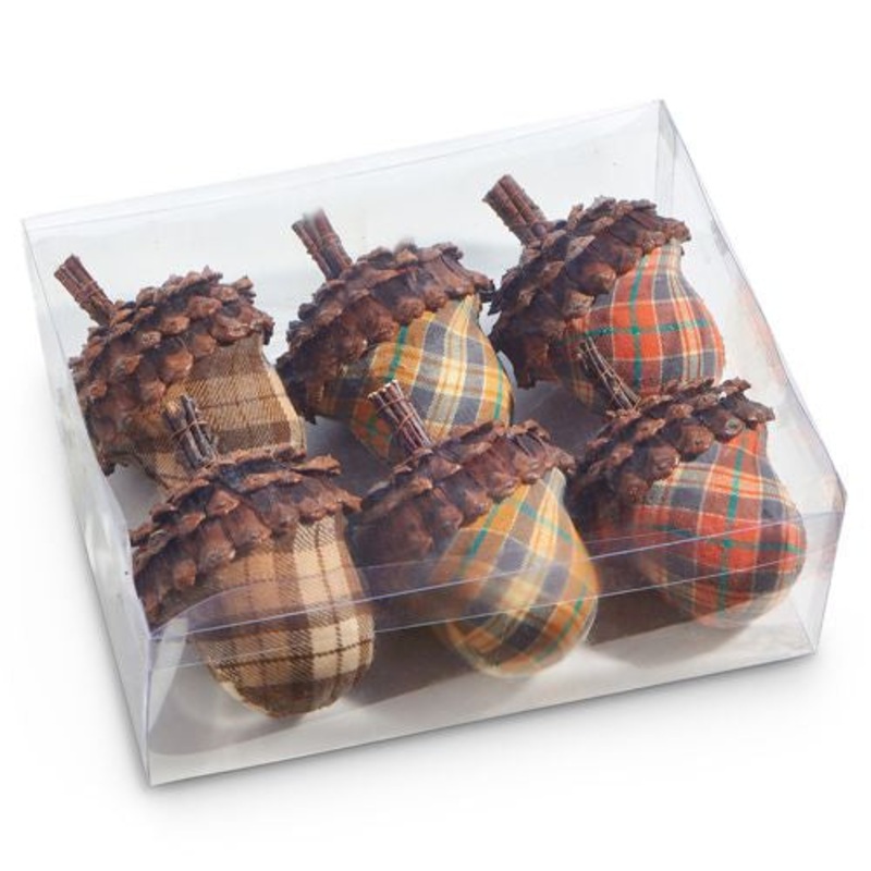 Raz Imports 2023 Holiday House 5.5 Box of 6 Plaid Acorns