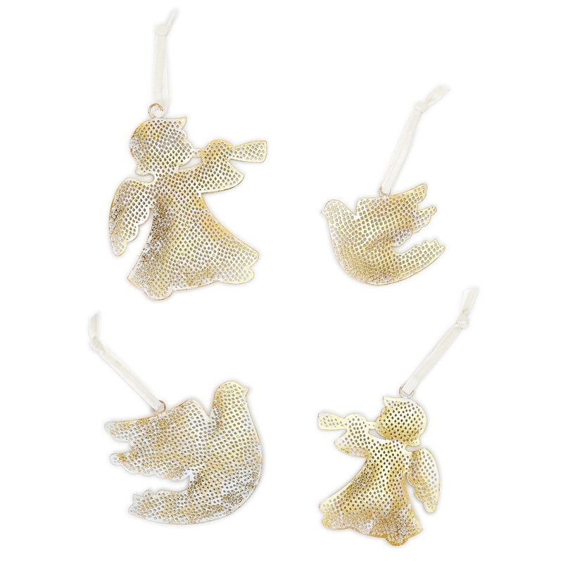 Set of 4 Hand-Crafted Ornaments in 2 Designs: Angel And Dove in 2 Sizes – Iron