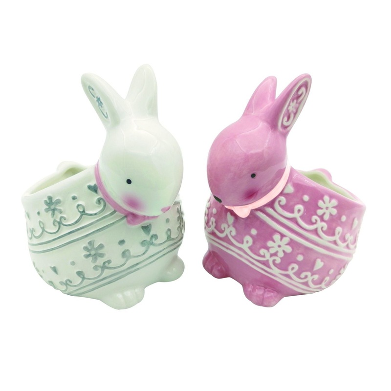Transpac Ceramic Patterned Bunny Bowl, Set Of 2, Assortment