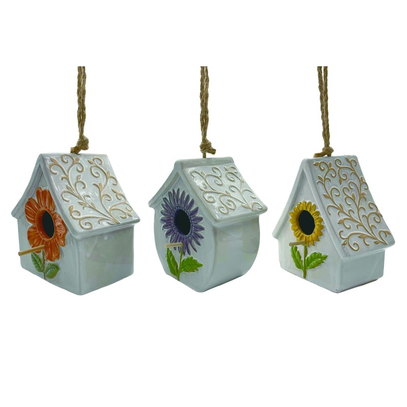Transpac Dolomite Dimensional Floral Birdhouse, Set Of 3, Assortment