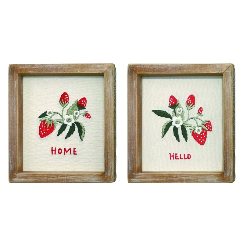 Transpac Wood Embroidered Strawberry Decor, Set Of 2, Assortment