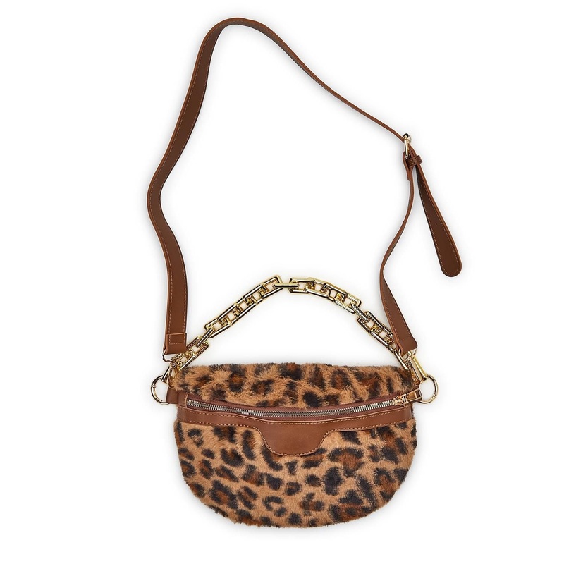 Two’s Company Carry on Leopard Printed Faux Fur Sling Bag w/ Removeable Strap