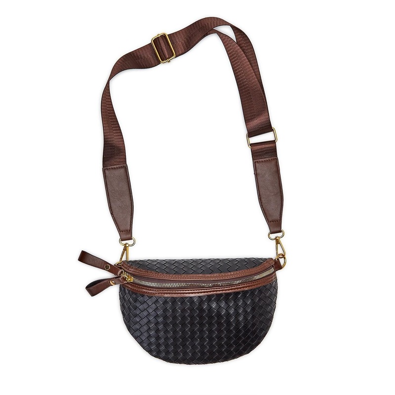 Two’s Stay Close Sling Bag in Black Woven Leather w/ Adjustable Removeable Strap