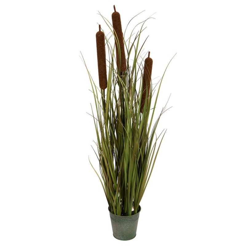 Vickerman 36 Artificial Potted Green Grass with Cattails in Iron Pot, PVC