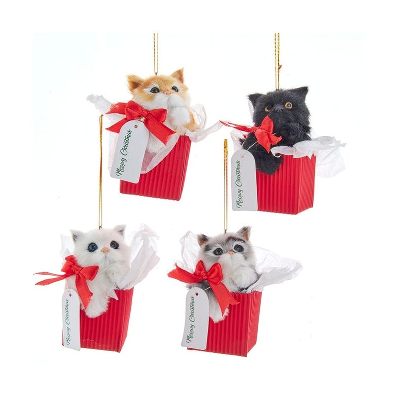 Kurt Adler 4 Furry Cat In Gift Box Ornaments, Set Of 4, Assortment
