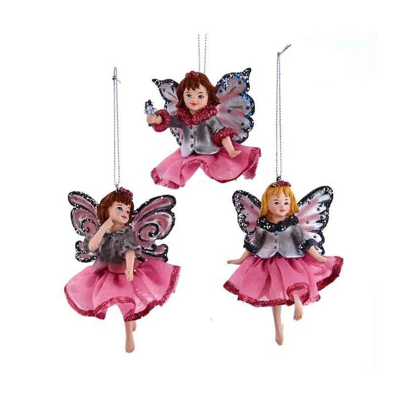 Kurt Adler 4 Pink and Pewter Fairy Ornaments, Set of 3, Assortment