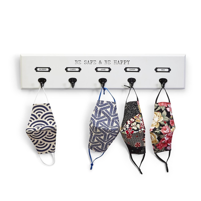 Two’s Company Be Safe & Be Happy Face Mask Wall Holder with 5 Hooks/Name Plates