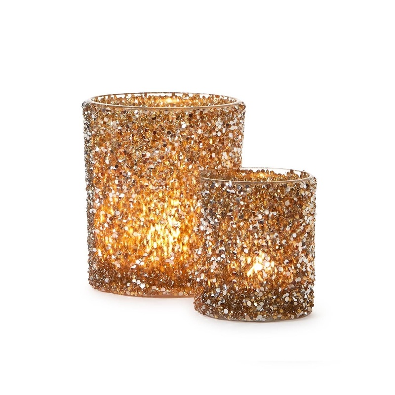 Two’s Company Sparkle Set Of 2 Bead Encrusted Candleholders in 2 Sizes – Glass