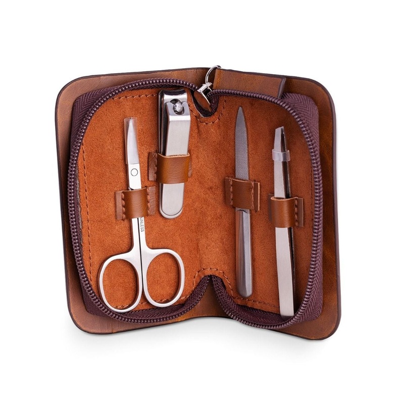 Bey Berk Gia 4 Piece Manicure Set in Brown Leather Case