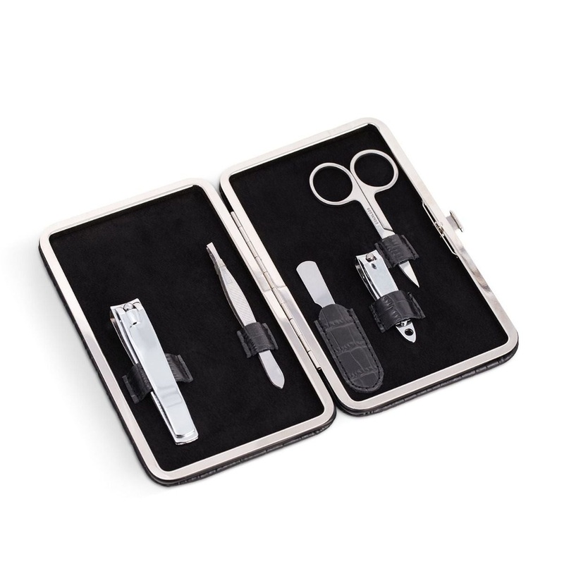 Bey Berk Vince 5 Piece Manicure Set In Black Leather With Croco Pattern Case
