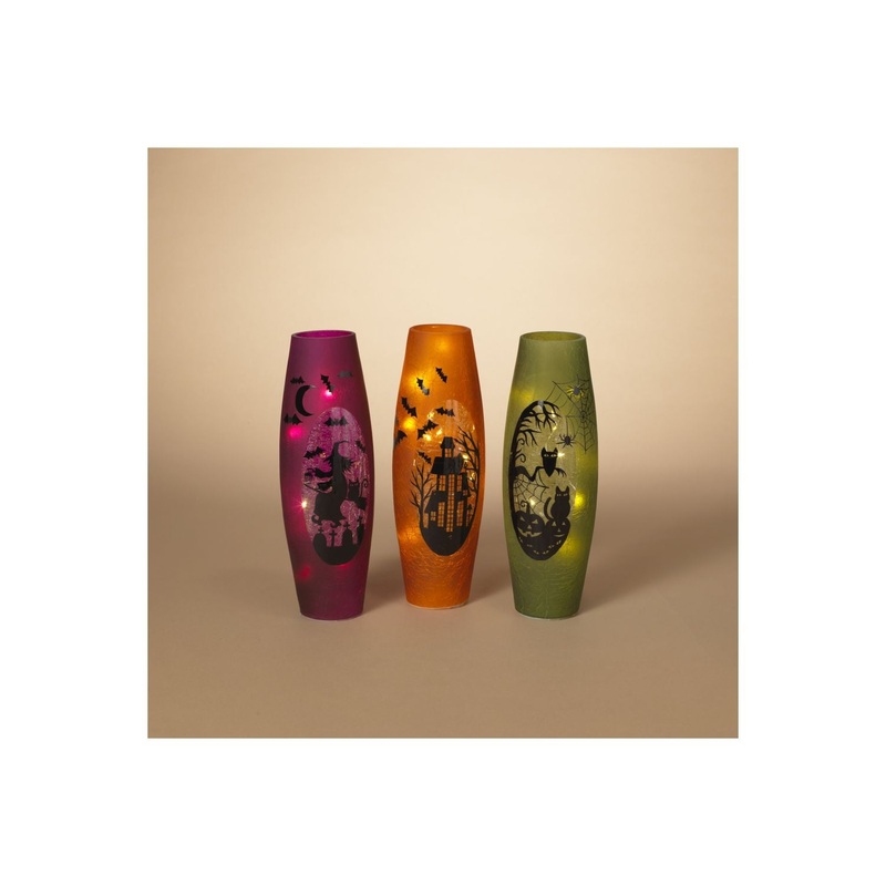 Gerson 11.8H B/O Lighted Crackle Glass Halloween Vase Luminary, 3 Assorted