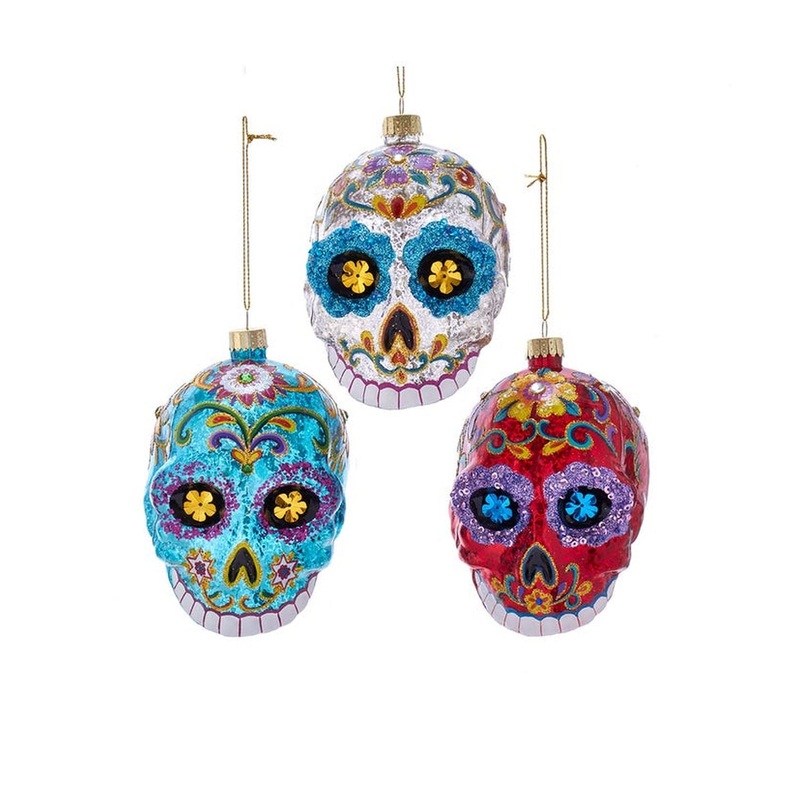 4.5 Noble Gems Fancy Sugar Skull Glass Ornaments, Set Of 3, Assortment