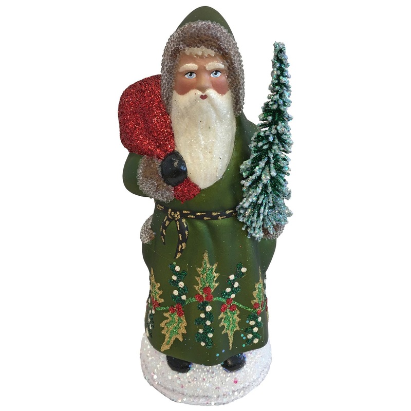 Alexander Taron Schaller Paper Mache Candy Container Santa Green Coat With Tree