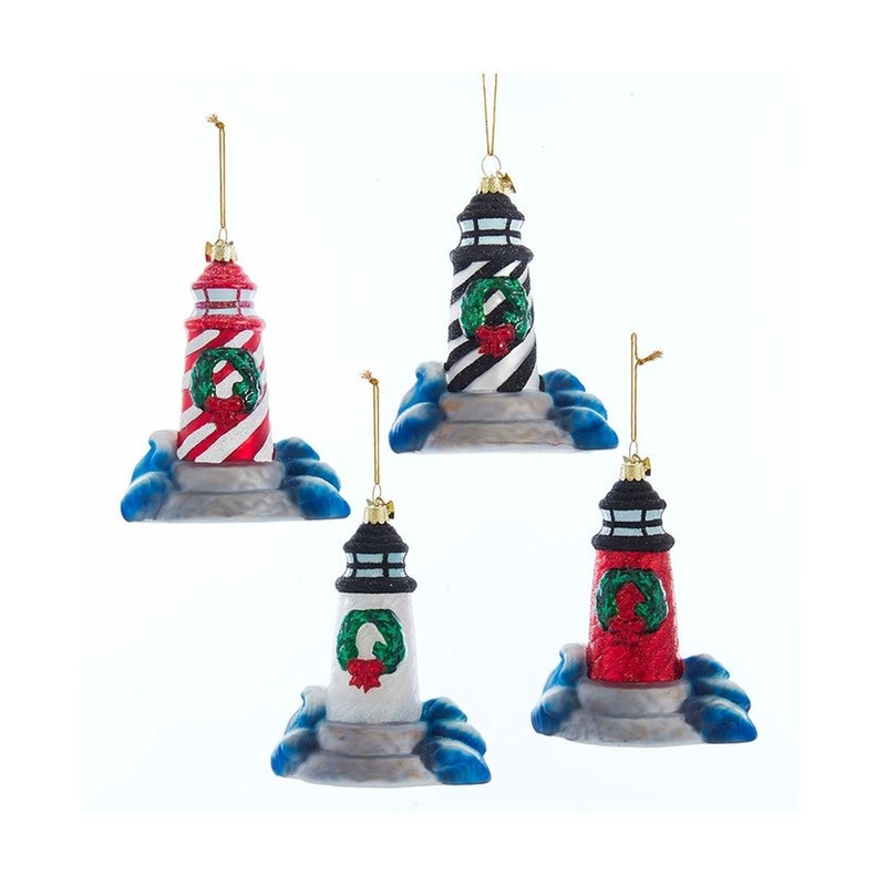 Kurt Adler 4.5 Noble Gems Glass Lighthouse Ornaments, Set Of 4, Assortment