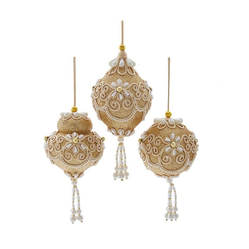 Kurt Adler Pearl and Gold Shimmer Hanging Ornaments, Set Of 3, Assortment