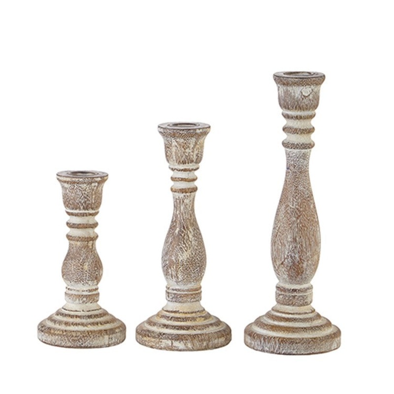 Raz Imports 2022 Winter Cottage 10.5 Wood Embossed Candlestick, Set of 3
