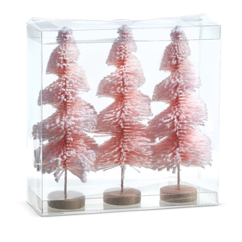 Raz Imports 2023 Jingle & Cocoa 9 Box of 3 Pink Snowy Bottle Brush Trees