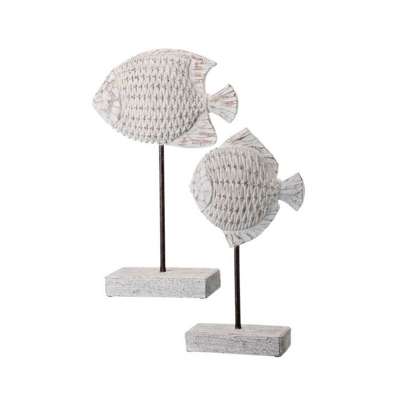 Resin Wicker Fish on Pedestal Figurine 13-15, White, Set of 2, Assortment