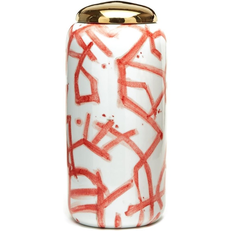 Two’s Company 18 1/2 inches Tall Red Coral Covered Jar with Gold Metallic Lid