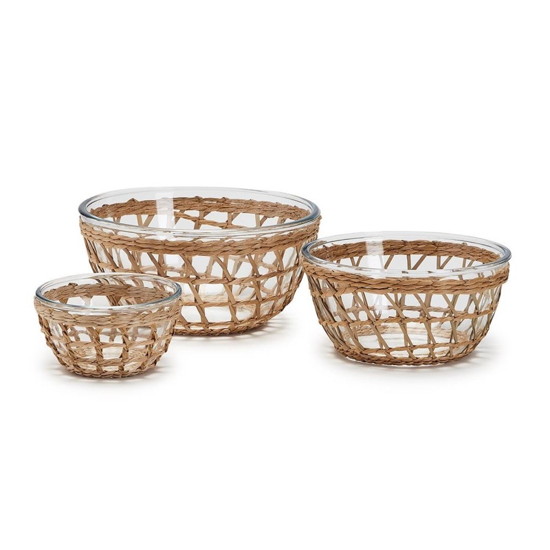 Two’s Company Island Chic Set of 3 Borosilicate Glass Bowls w/Hand-Woven Lattice