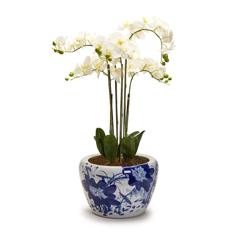 Two’s Company Japanese Blue Flower Blossoms Planter- Hand-Painted Porcelain